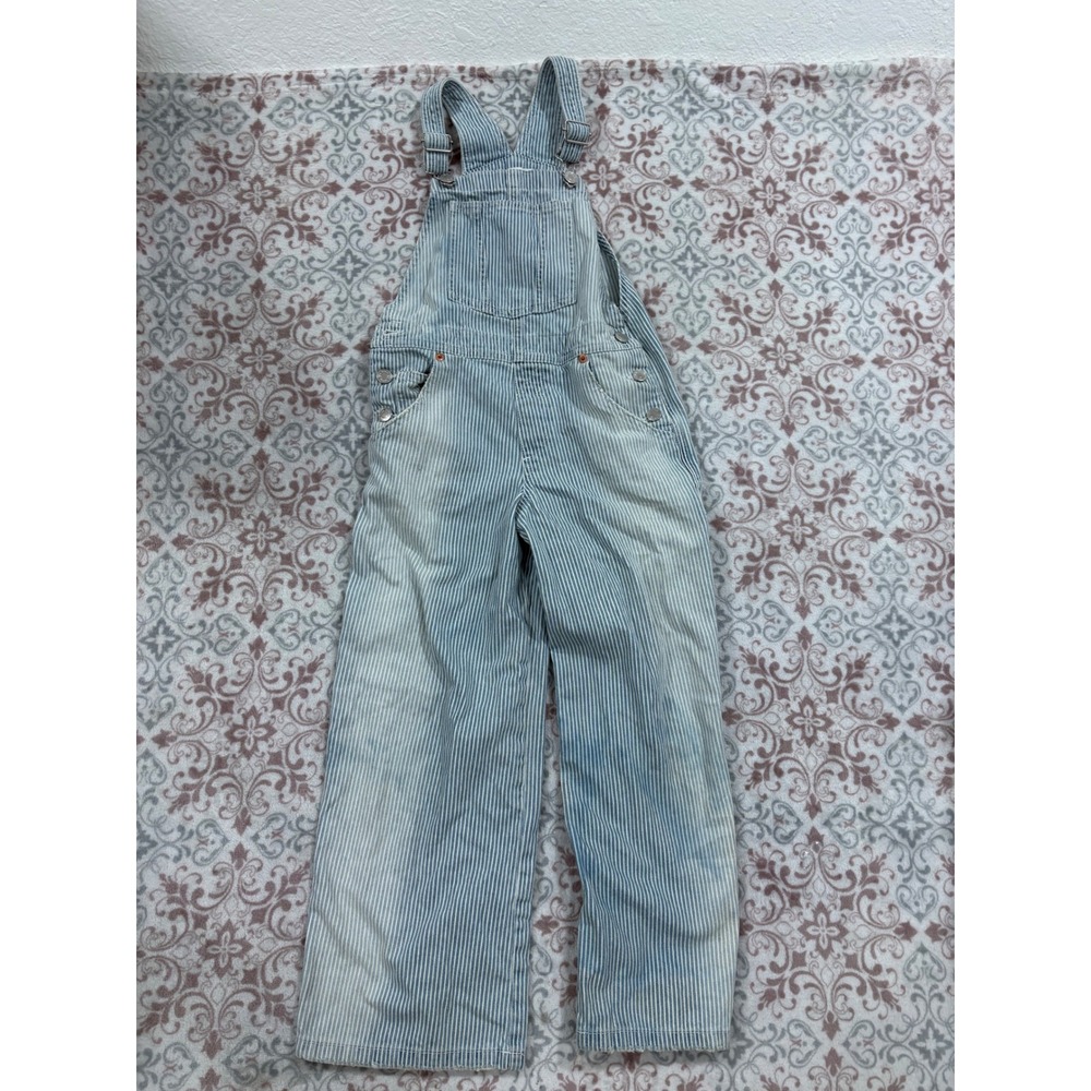 Zara Kids Blue White Hickory Stripe Denim Bib Overalls Size 8 CM 128
